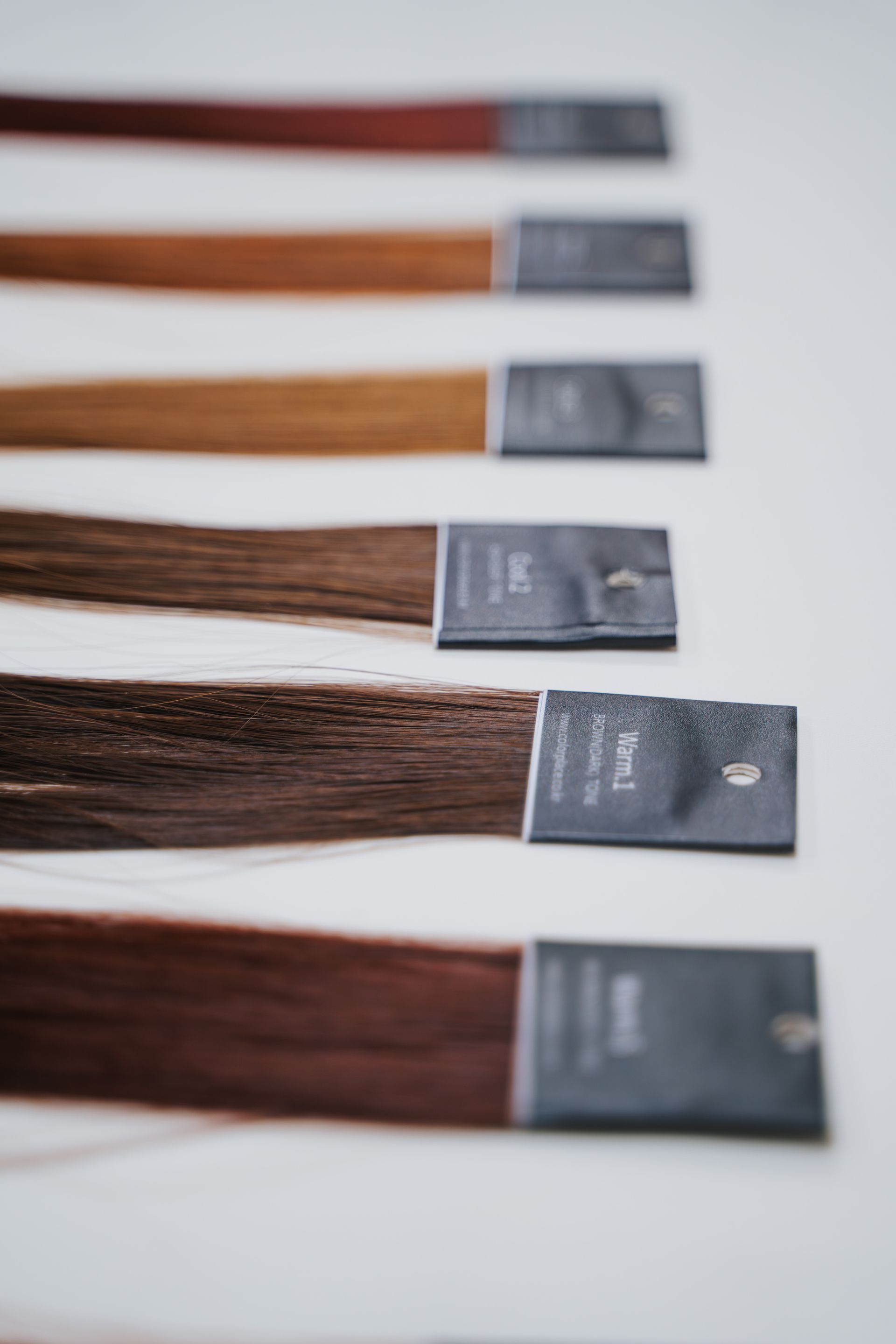 桌上一排髮色樣本的特寫。