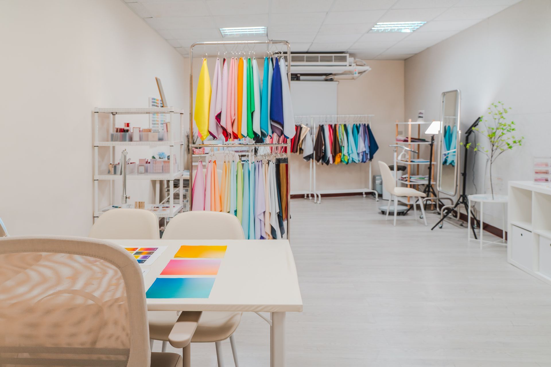 一個房間，裡面有一張桌子和椅子，牆上掛著一堆衣服。