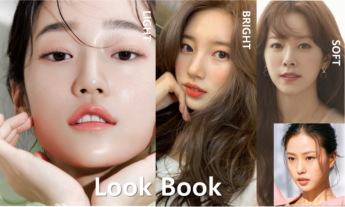 三張女人臉部照片的拼貼畫，底部寫著「look book」。