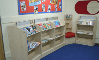 library shelves with seat
