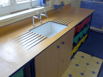 wooden shelving and sink