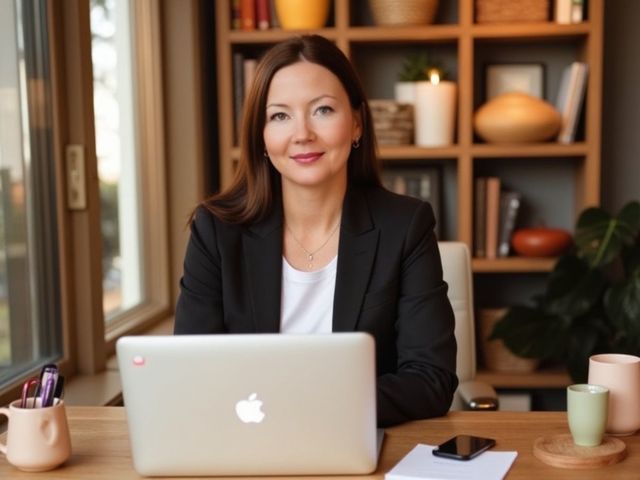 A woman is sitting at a desk with an apple laptop
