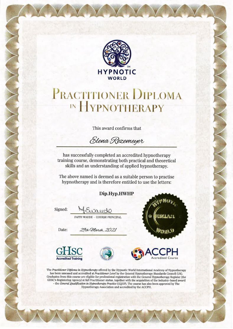 A picture of a diploma in hypnotherapy.