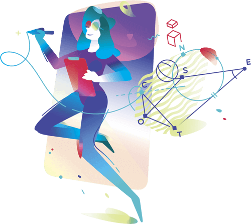 Una figura estilizada con cabello azul sostiene un portapapeles mientras está rodeada de formas geométricas, líneas y símbolos flotantes.