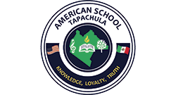 Logotipo circular para la Escuela Americana Tapachula con un mapa, un libro, una llama, un &aacute;rbol y las banderas de Estados Unidos y M&eacute;xico.