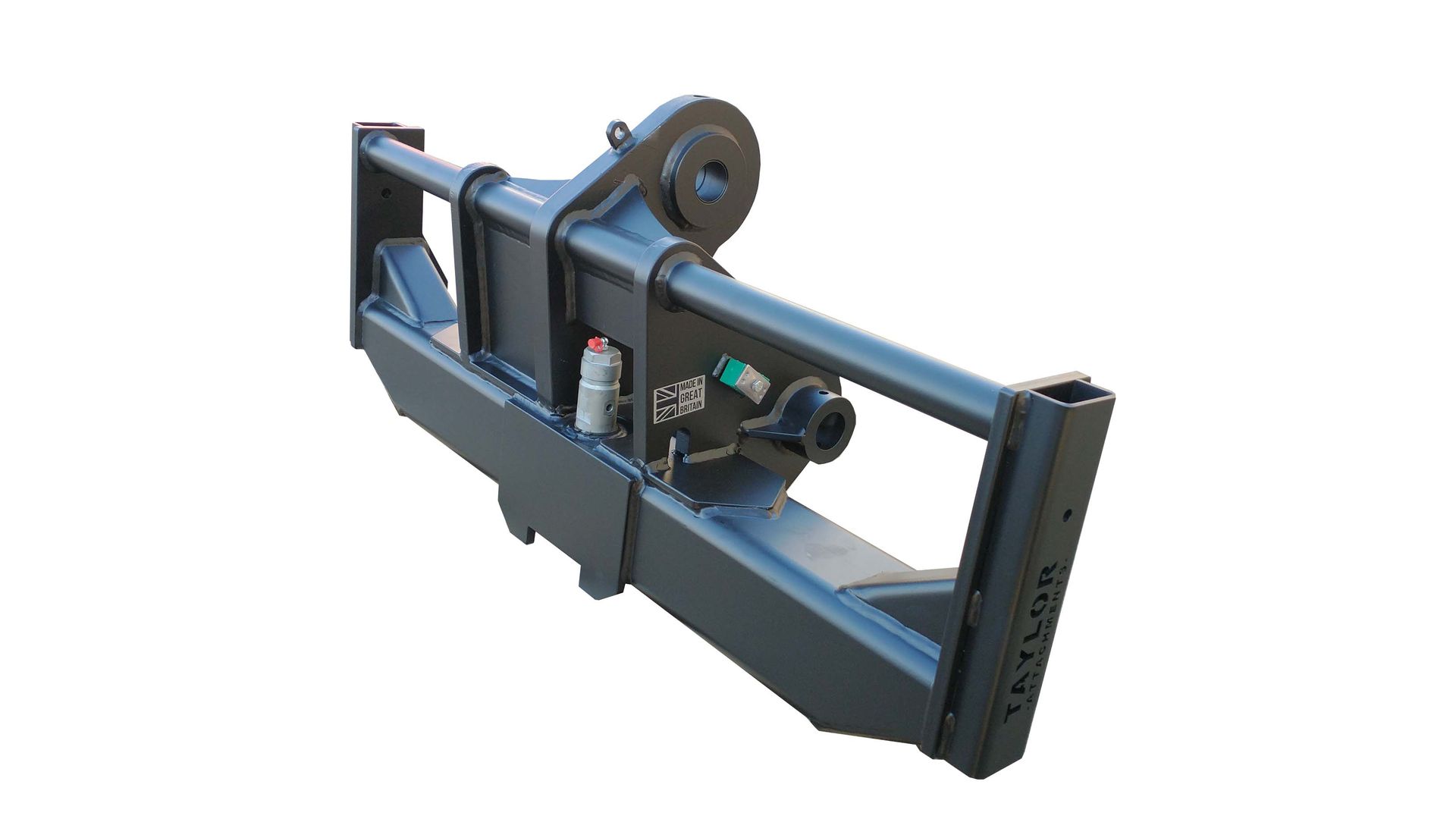 A close up of a forklift attachment on a white background.