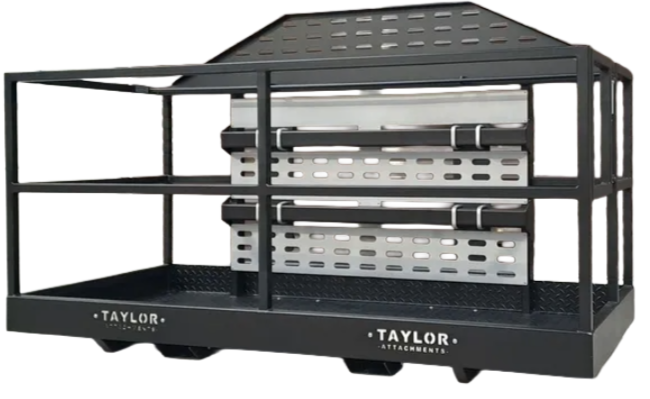 A taylor crate is sitting in front of a building