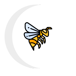 A bee is flying in the air with a crescent moon in the background.