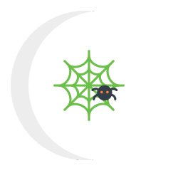 A spider is sitting on a web with a crescent moon in the background.