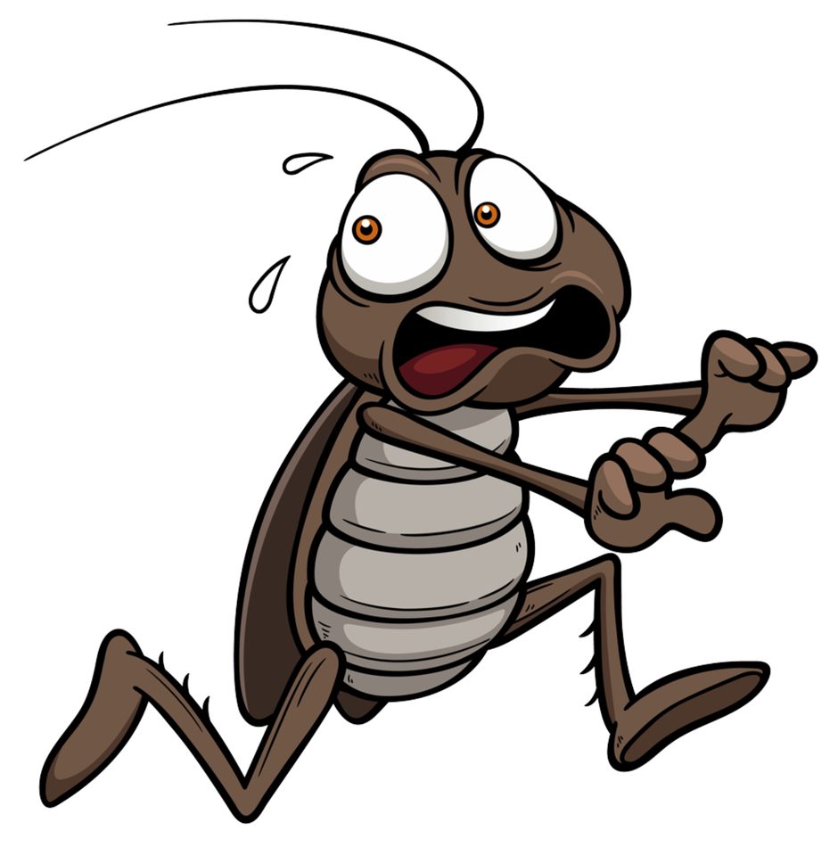 A cartoon cockroach is running away from something.