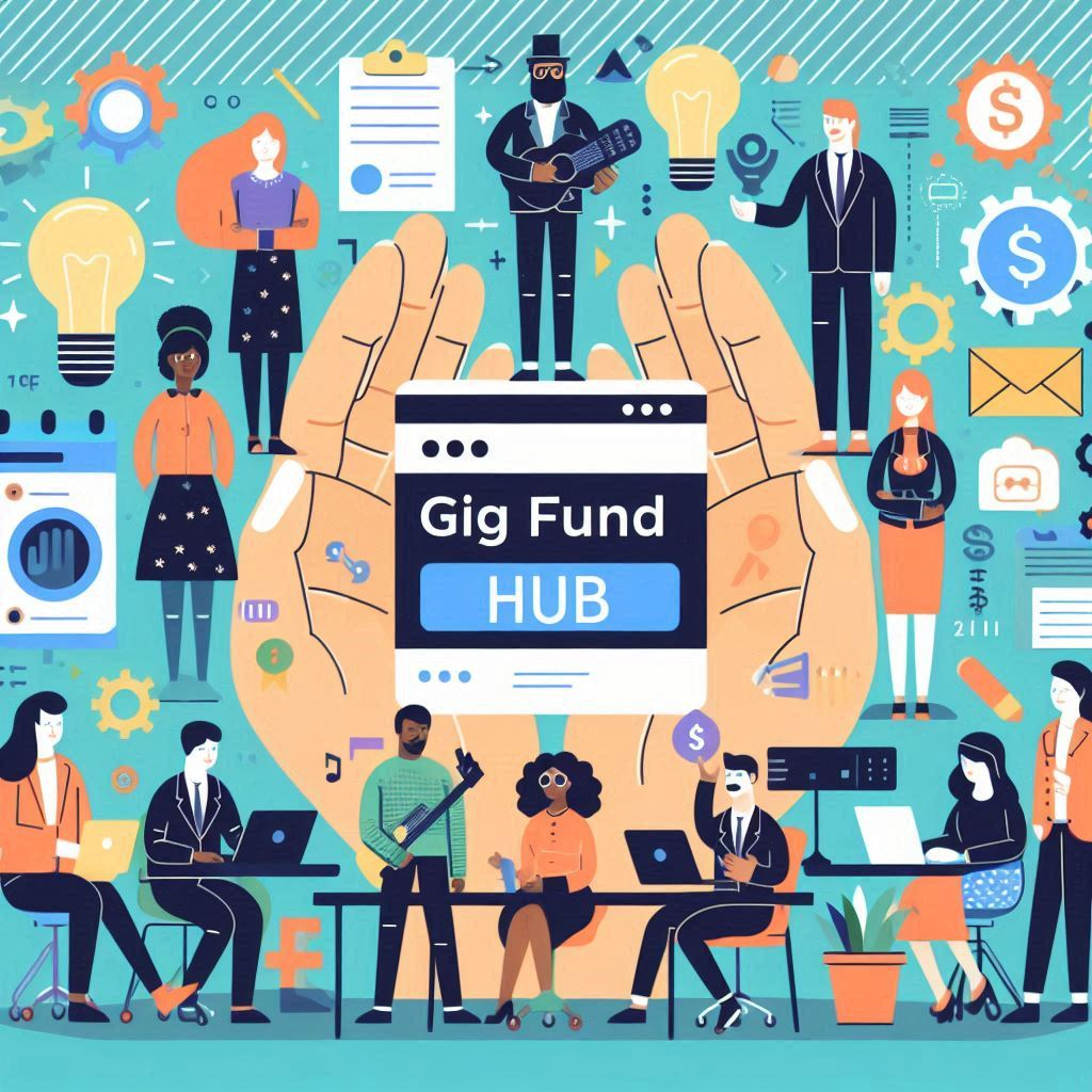 An illustration of a gig fund hub surrounded by people