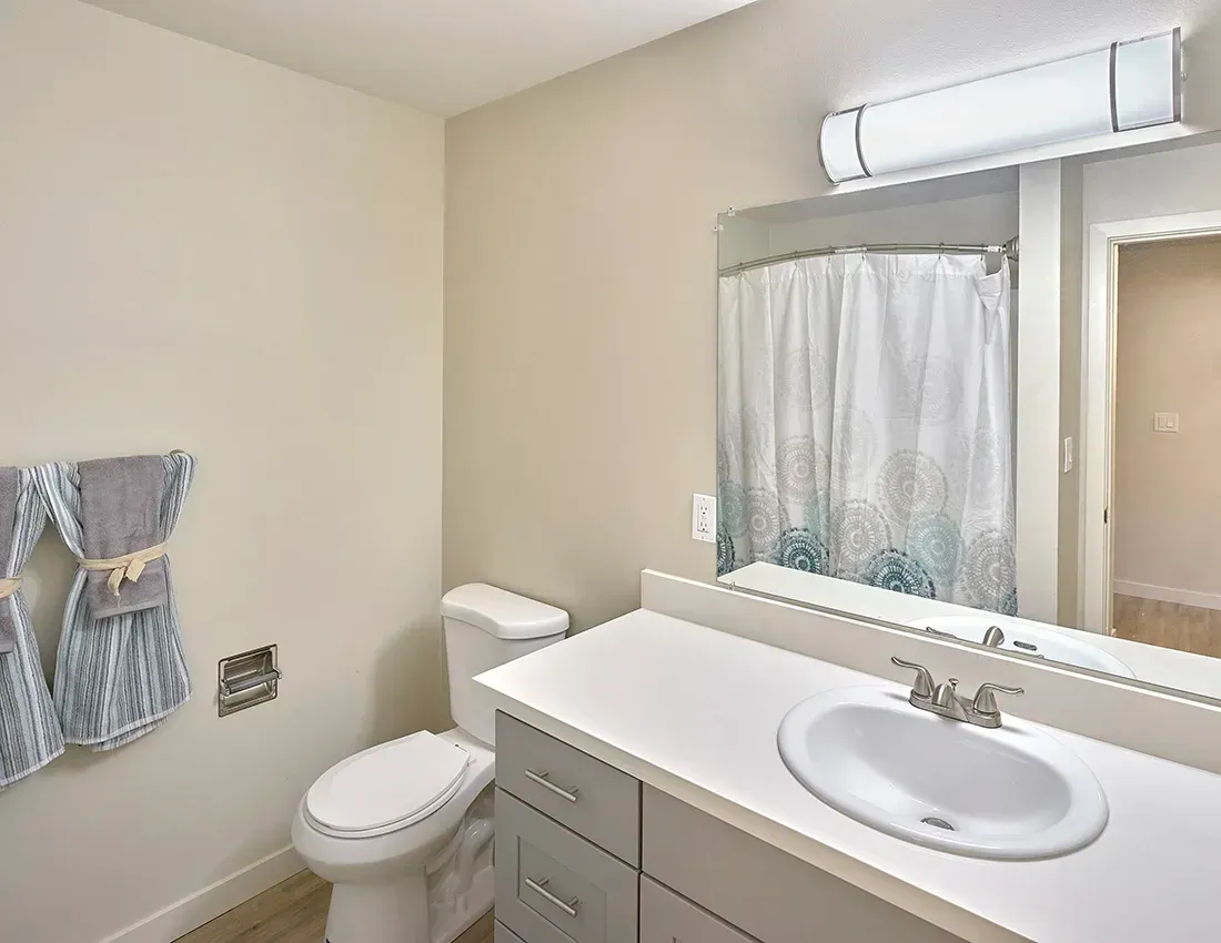 A neutral-toned bathroom featuring a grey vanity with a white sink, a toilet, and towels hanging on the wall.