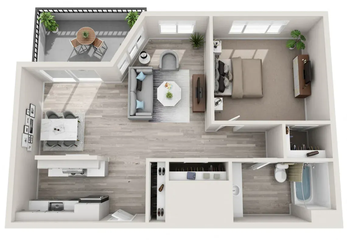 3D floor plan of a one-bedroom apartment with a balcony, kitchen, living area, bedroom, and bathroom.