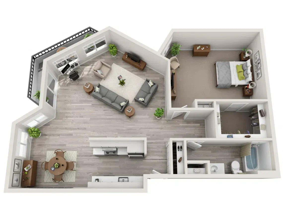 3D floor plan of a one-bedroom apartment with a balcony, open-concept kitchen, dining area, living room, and bathroom.