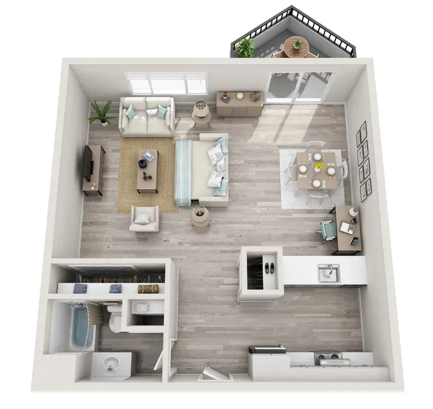 Floor plan of a one-bedroom apartment with an open living room, dining area, kitchen, bathroom, and a balcony.