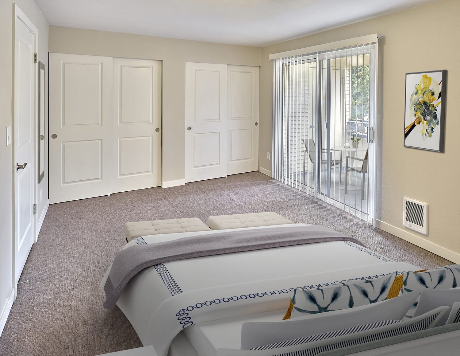 A bedroom featuring a made bed, gray carpet, neutral walls, two sets of double closet doors, and a sliding glass door.