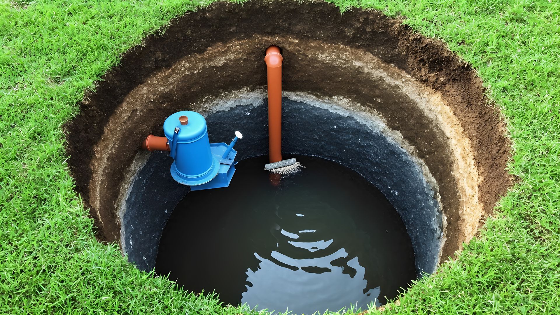 A blue water pump is inside an irrigation well, outside.