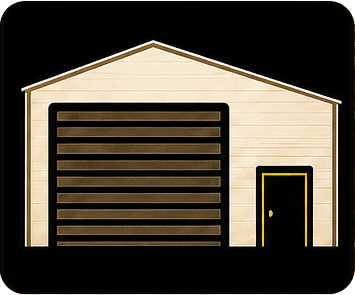 Beige garage with a large black roll-up door and a small black side door on a dark background