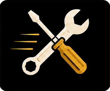 Crossed wrench and screwdriver icon on black background, with yellow motion lines