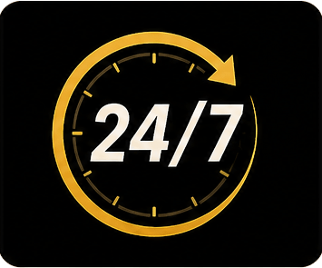 24/7 text in white inside a gold circular arrow on a black background