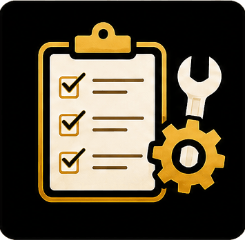 Clipboard checklist with wrench and gear icon on black background