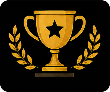 Golden trophy with a star, flanked by laurel branches on a black background
