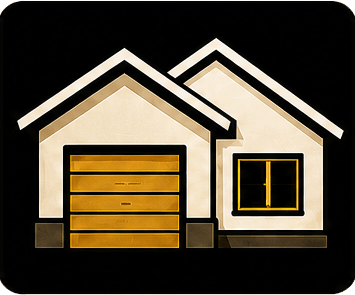Stylized beige house icon with a garage and a black-framed window on a black background
