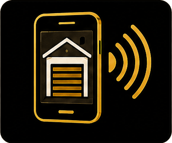 Gold smartphone with a house icon and wireless signal waves on a black background