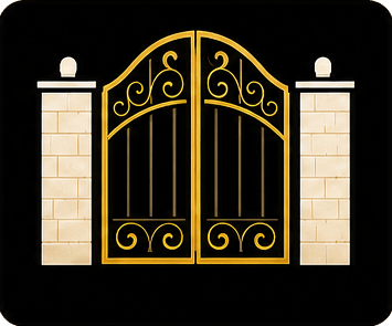 Gold ornamental gate between two white stone pillars on a black background