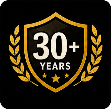 Gold 30+ Years shield emblem with laurel wreath and stars on black background