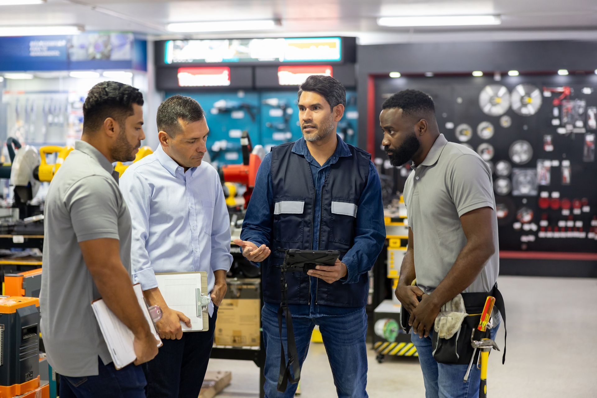 Four people in a hardware store, discussing with tools in the background. One holds a tablet, others have papers.