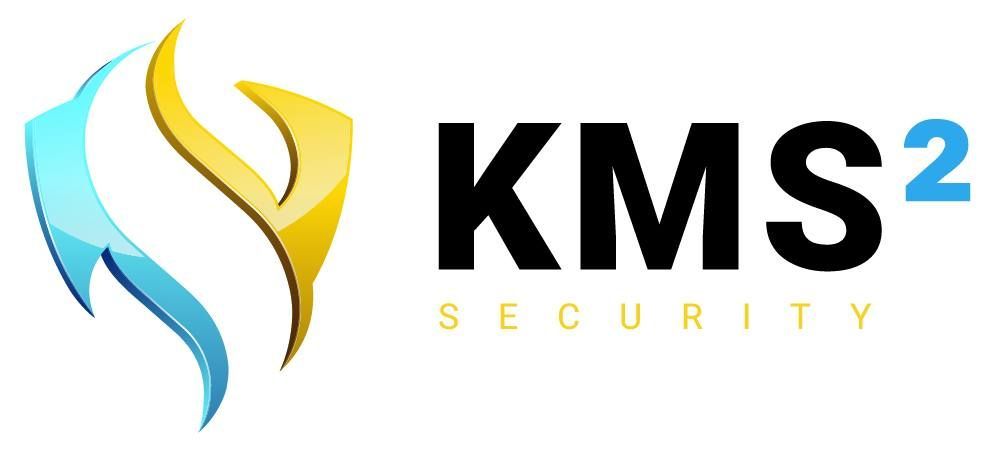 Logo for KMS Security: Shield-like shape, blue and gold, with