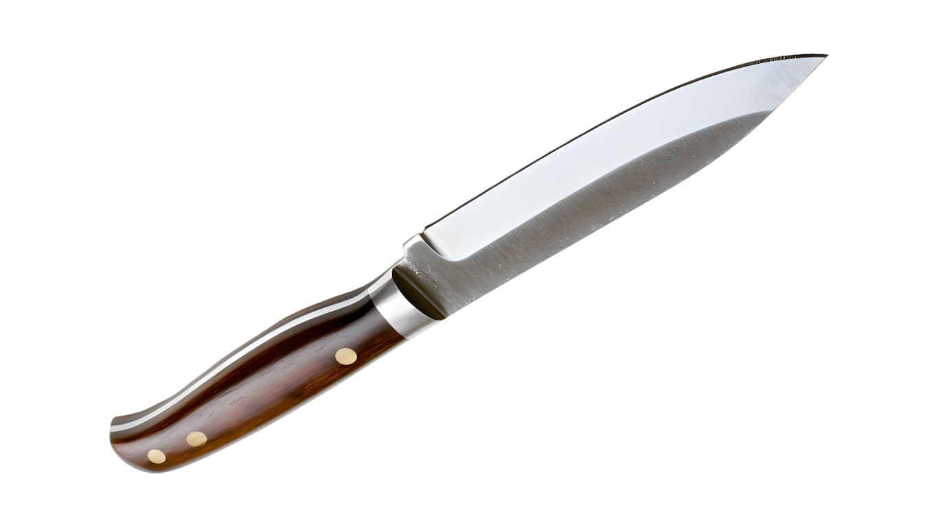 Knife with wooden handle and silver blade.