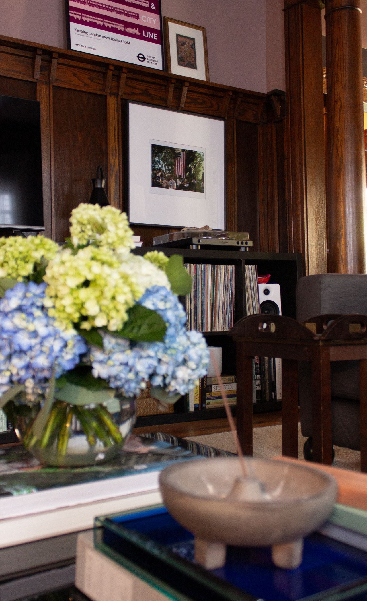 a record collection in a moody living room