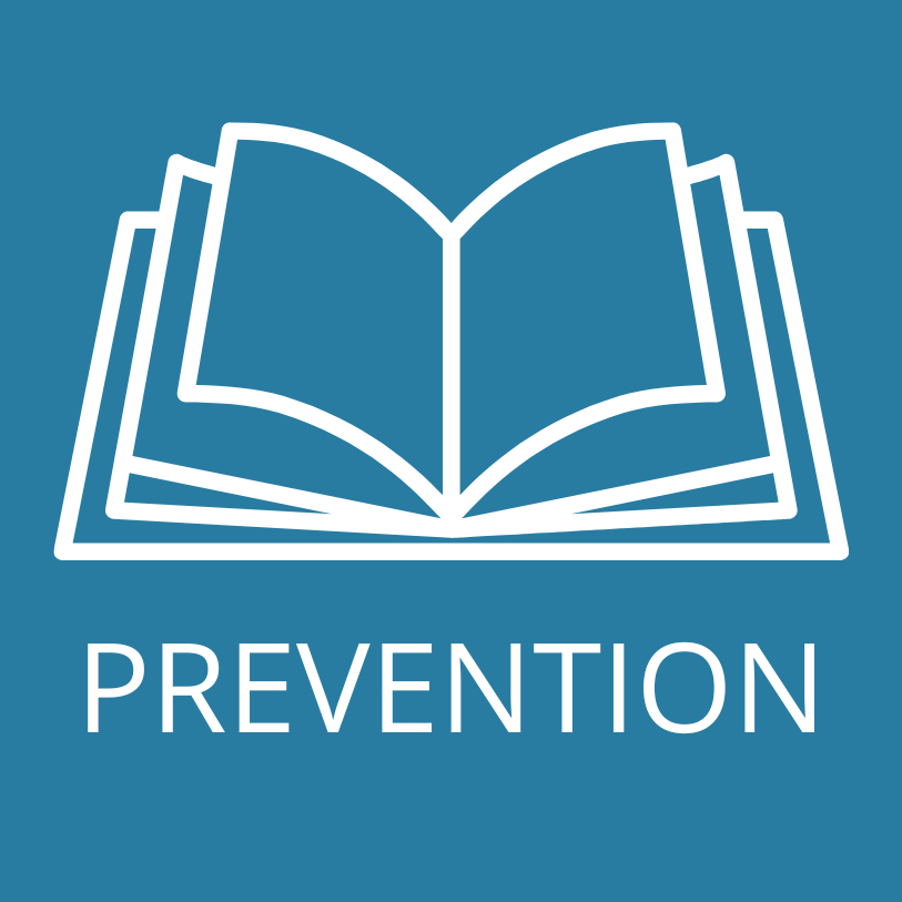 White open-book icon above the word “PREVENTION” on a blue background