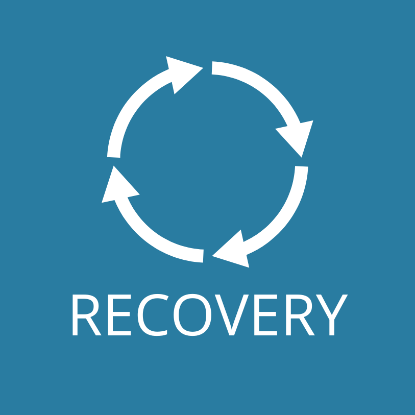 White circular arrows above the word “RECOVERY” on a blue background.