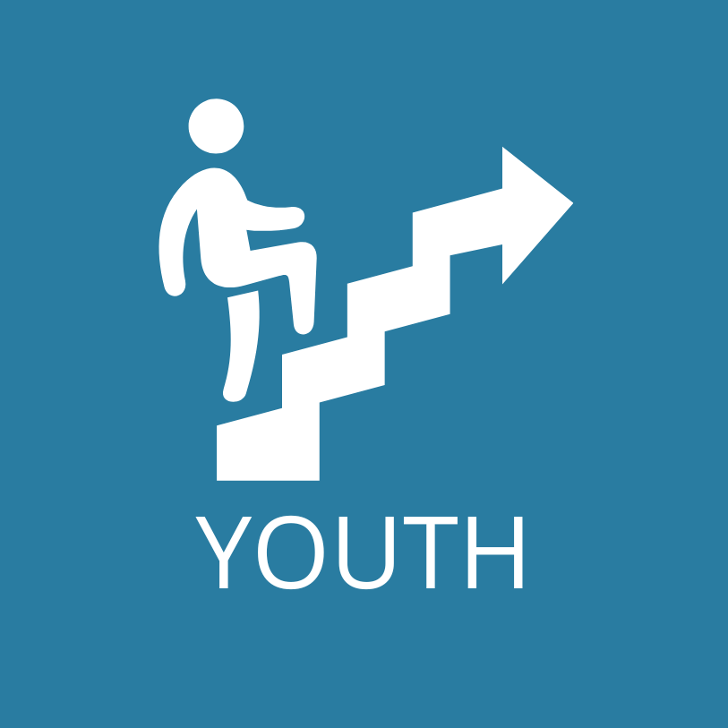 White figure climbing blue stairs with an upward arrow and the word “YOUTH” on a teal background
