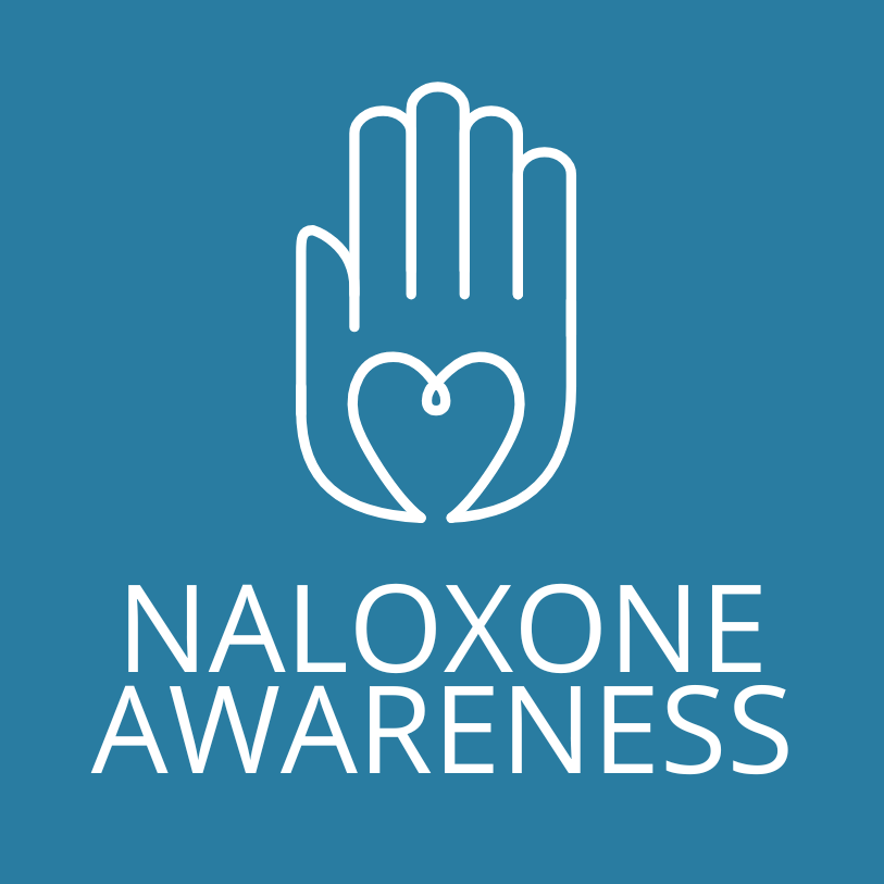 White hand and heart icon with “NALOXONE AWARENESS” on a blue background
