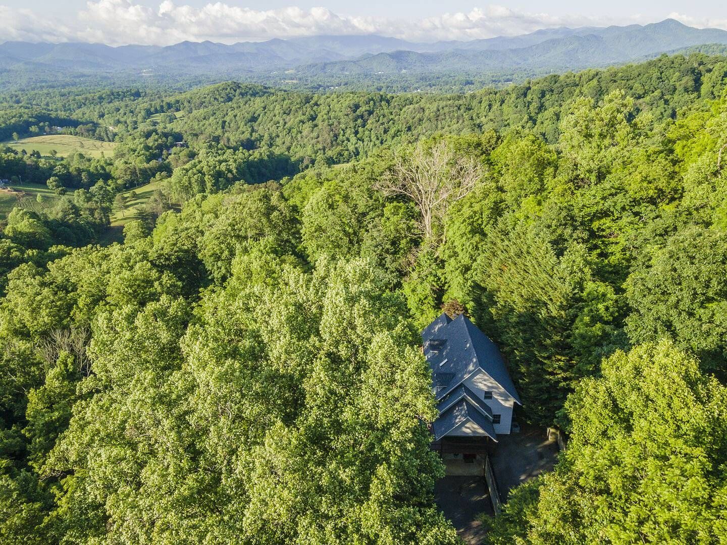 Cabin nestled among lush green trees, overlooking a mountain landscape under a blue sky.