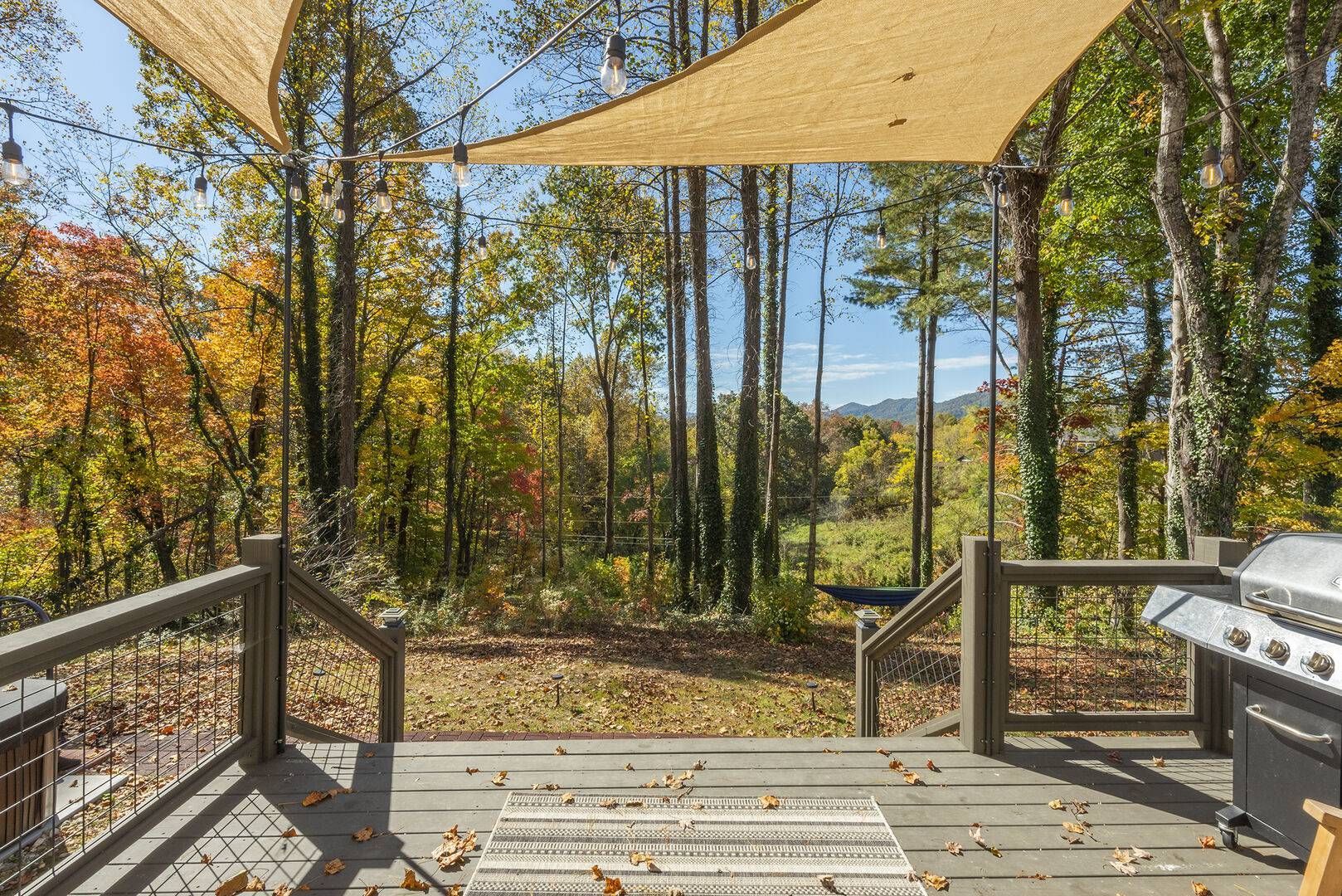 Wooden deck overlooking colorful autumn trees, with shade sails and a grill.