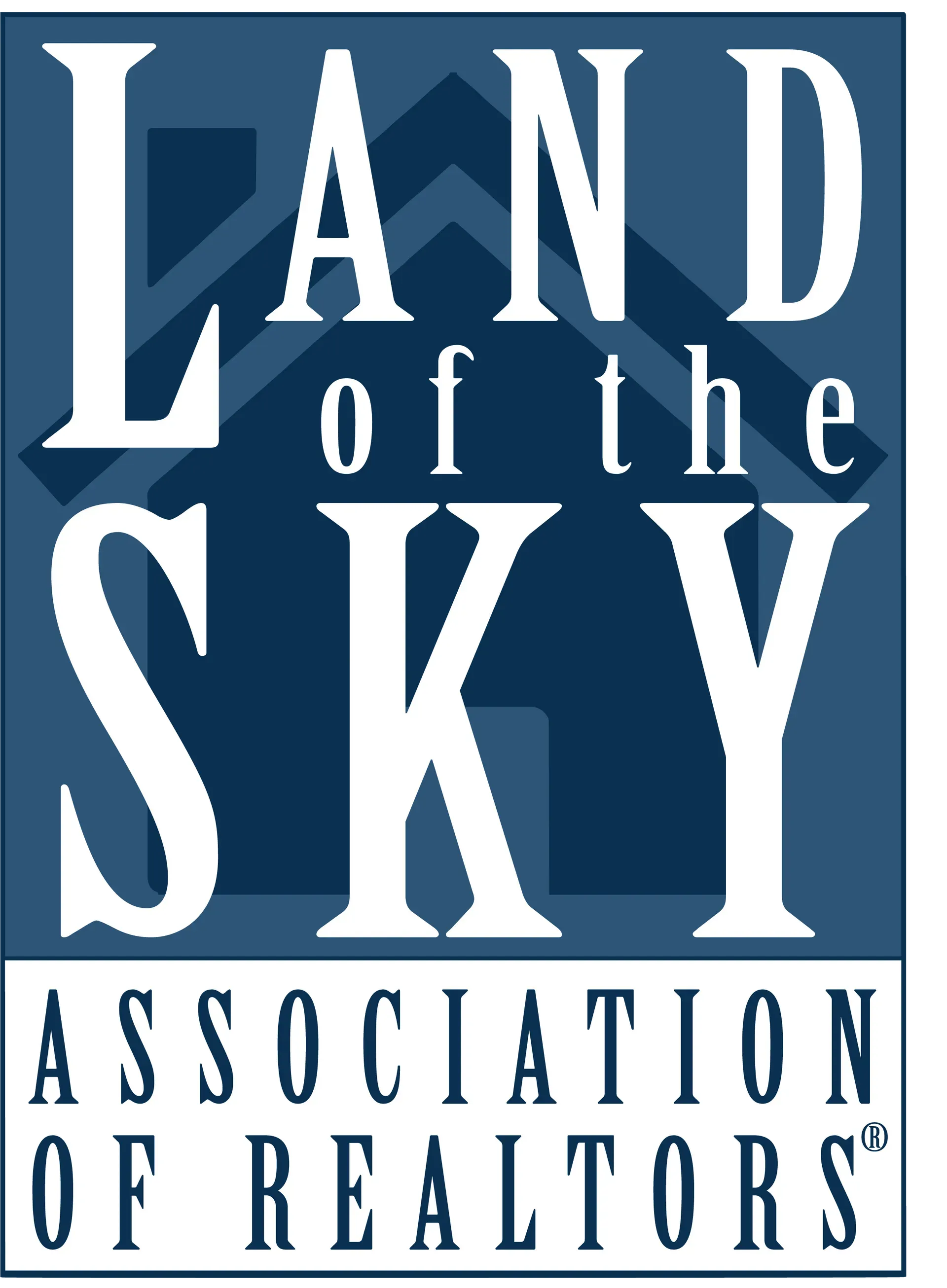 Land of the Sky Association of Realtors logo in white text on blue background. Features a house silhouette.