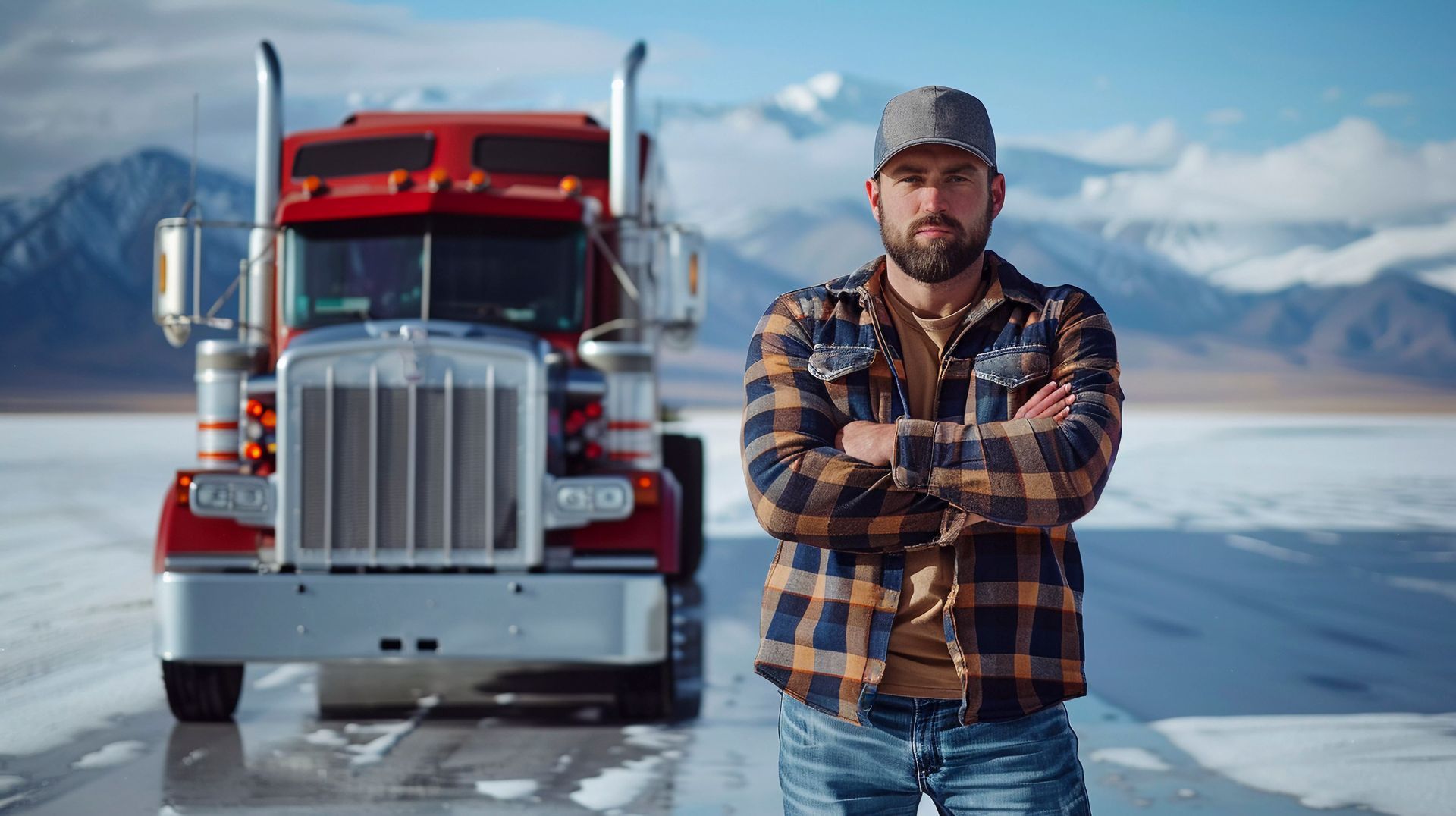 A man is standing in front of a semi truck with his arms crossed.