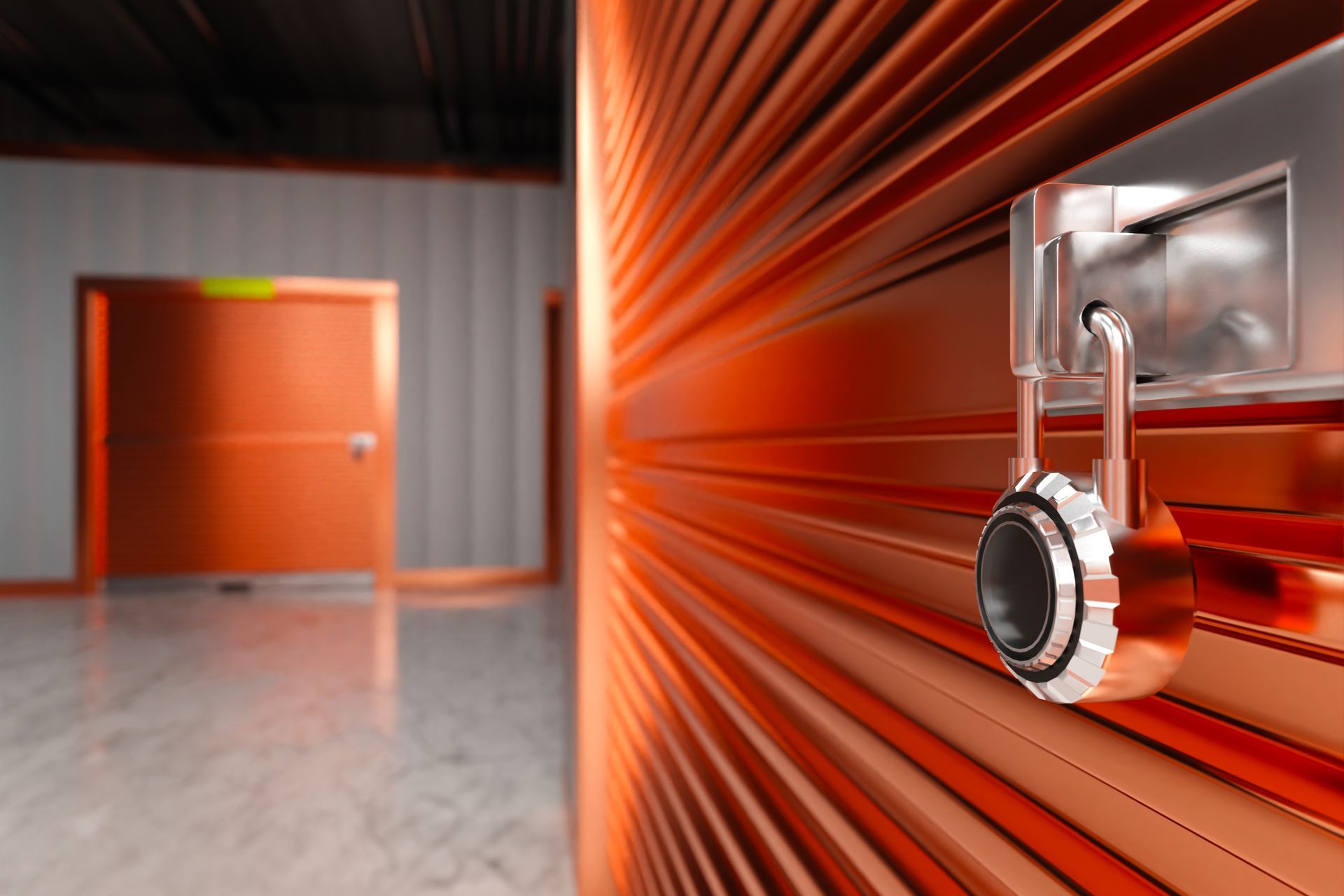 Close-up of a padlock on a red storage unit door in a brightly lit facility.