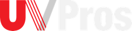 Logo for UV Pros; red 'UV' with angled white stripes, gray 'Pros'.