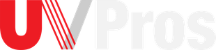 Logo for UV Pros; red 'UV' with angled white stripes, gray 'Pros'.