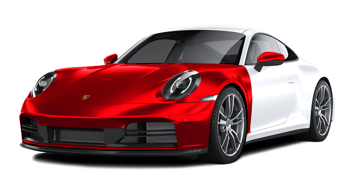 Porsche 911 sports car with a red front half and white rear half, showcasing a color change.