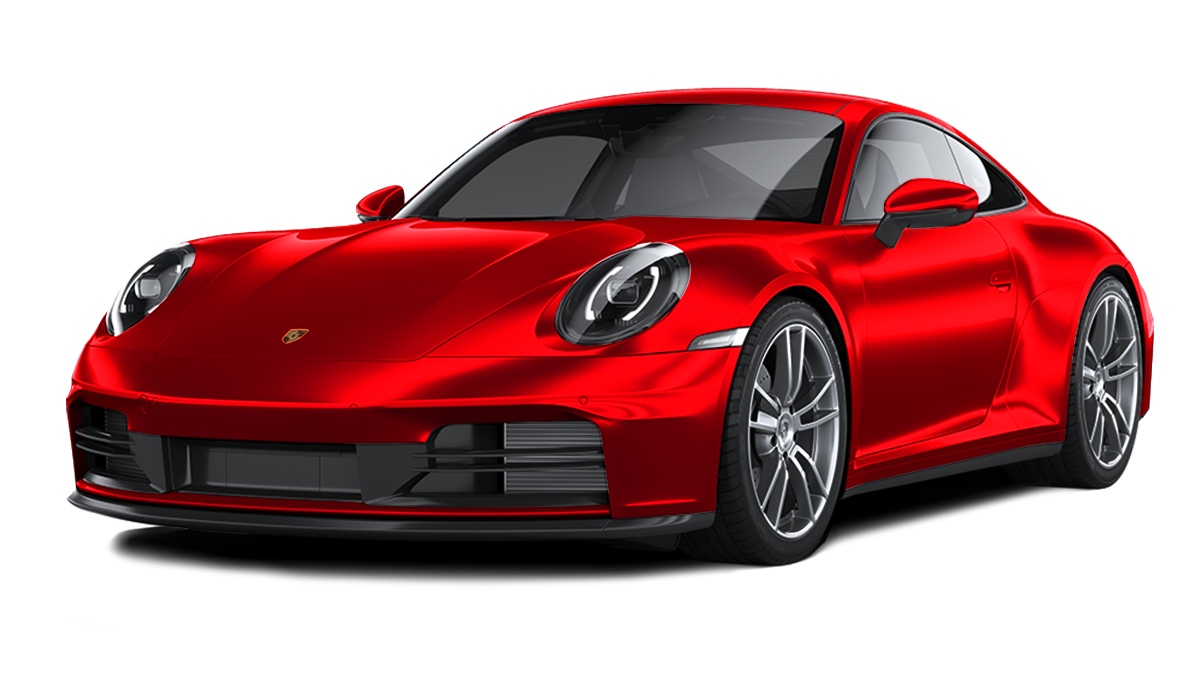Red Porsche 911 sports car parked on a white background, angled toward the viewer.