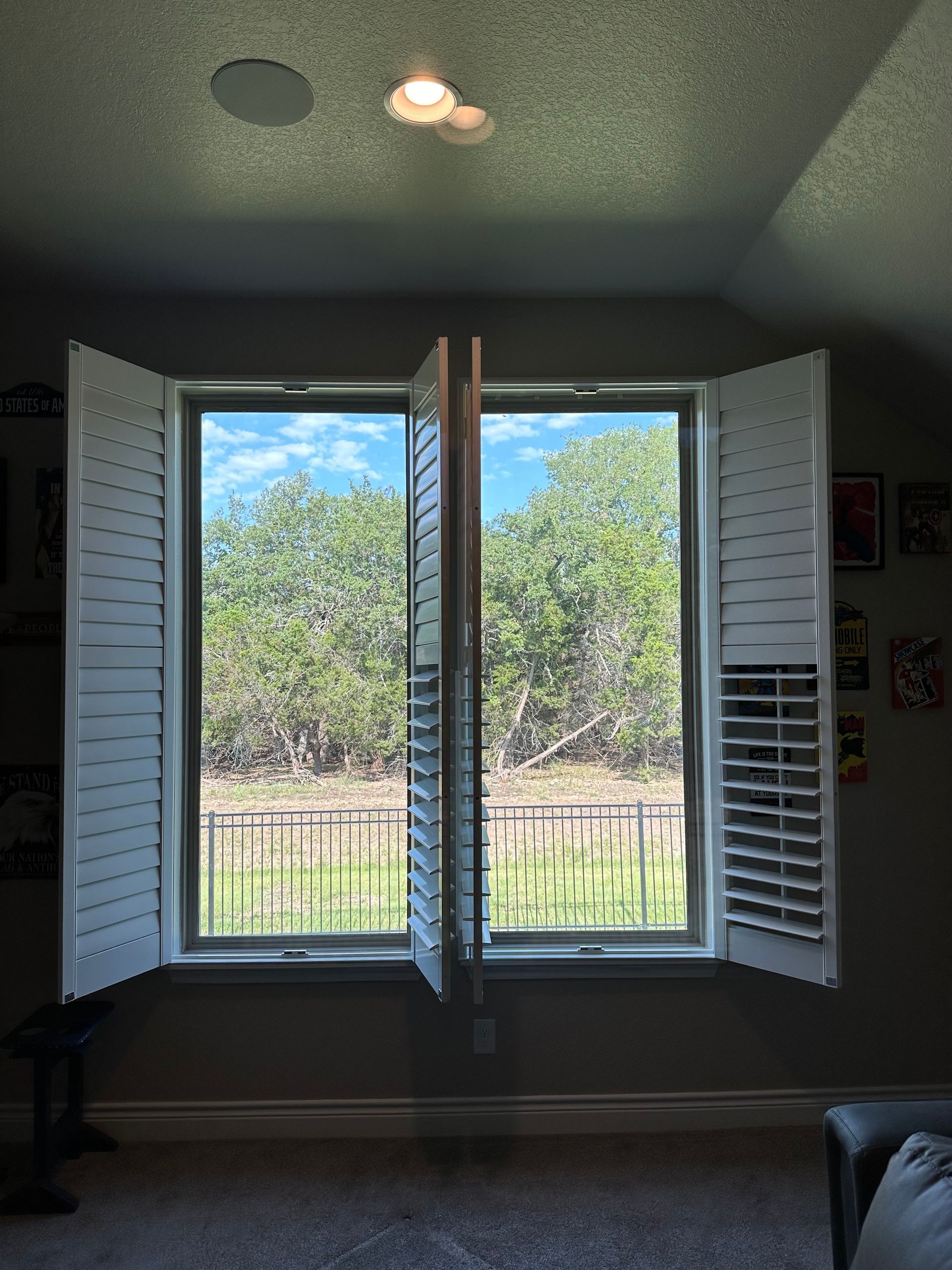 Window with open white shutters, trees and blue sky visible.