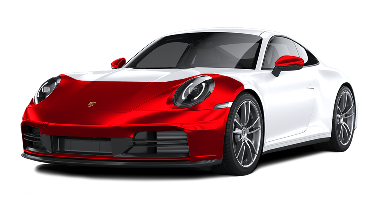 White Porsche 911 with a red front end. It's a sporty coupe with silver wheels and a glossy finish.