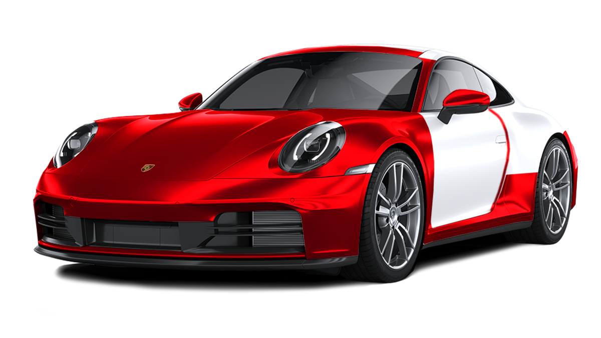 Red and white Porsche 911 sports car, angled view.